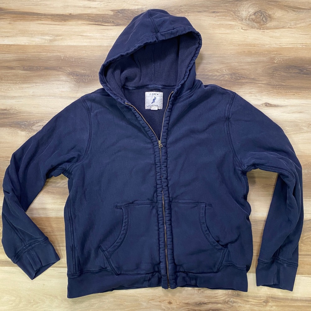 J.Crew Full Zip Hoodie Size L Vintage Fleece Cotton Blend Navy Blue 2000s Y2K